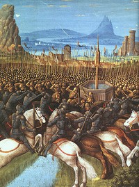 Ilustrasi peperangan Pasukan Islam dengan Tentara Salib di Hattin tahun 1187